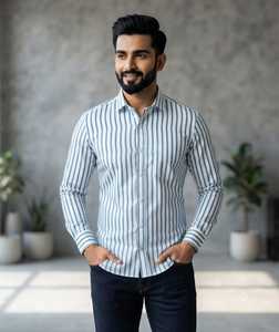 Chemise en twill de coton à manches longues boutonnée, motif PE, style moderne, décontracté et élégant, avec rayures verticales multicolores pour homme - Product Image 2