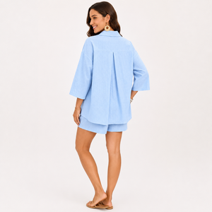 Tenue pour <span class=keywords><strong>femme</strong></span> <span class=keywords><strong>enceinte</strong></span> - Ensemble chemise unie et short décontracté, style européen et américain, coupe ample - Product Image 3