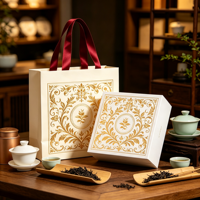 Sac en papier d'art de luxe de haute qualité avec poignée en ruban, emballage de boîte cadeau en carton, boîte à thé haut de gamme, logo personnalisé, image de marque d'entreprise