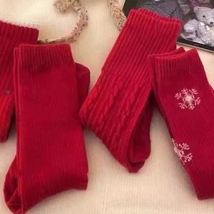 Red Mid-Calf <b>Socks</b> Women <b>Breathable</b> Polyester Solid Color Warm Autumn Winter Festive Style - Product Image 1