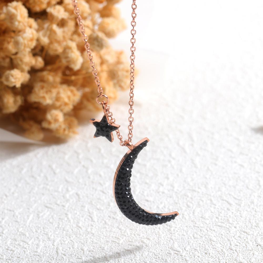 Collar de estrella de luna de circón negro de joyería femenina de acero inoxidable popular /