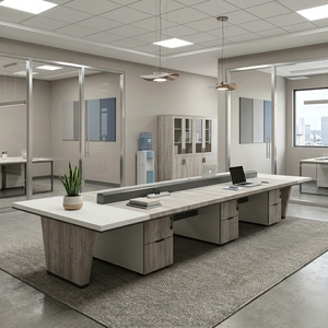 Poste de travail modulaire multi-stations en bois massif avec rangement intégré et gestion des câbles - Product Image 5