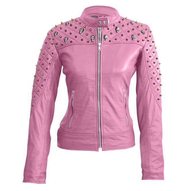 Women Latest 2021 Studded Cowhide Pink Leather Jacket With Spikes Rocker Punk Style Custom Handmade Fashion Wear Biker Jackets