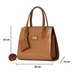 Bolso de mano para mujer Fana Brina, piel sintética color camel, asas dobles, diseño con logotipo, M3828, bolso informal. - Product Image 4
