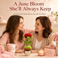 Xulvrax Geburtsblume Juni Rose Gehäkelte Topfpflanze Geschenk |   Handgefertigter Holzsockel Romantische Geburtstags- und Muttertags-Schreibtischdekoration für