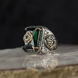 Cincin Signet Turki untuk Pria Wanita Kuno Warna Perak Diukir Eagle Gemstone Inlay Punk Motor Biker Kecemasan Cincin Perhiasan