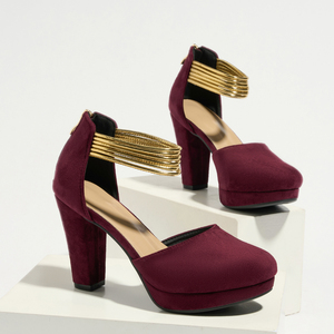 Luxury Wine Red Matte Suede <strong>Closed</strong> <strong>Toe</strong> Platform Chunky <strong>Heels</strong> Stacked Gold <strong>Ankle</strong> <strong>Strap</strong> Sexy Arch Support Light Weight Prom - Product Image 1