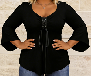Blusa de Talla Grande Negra Casual con Encaje, Manga Tres Cuartos, Cuello en V, Botones, Fruncido Delantero y Lazo para Mujer - Product Image 1