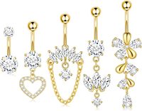 Promo Panas 5pcs Set Perhiasan Tubuh Trendy Lapis Emas Stainless Steel Zirkon Bunga Hati Anting Pusar Unisex Hadiah