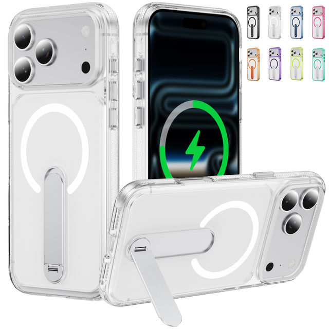 Magnetic Kickstand for iPhone 17 Pro Max Case with Adjustable Metal Stand Shockproof Transparent Wireless Charging Phone Cover