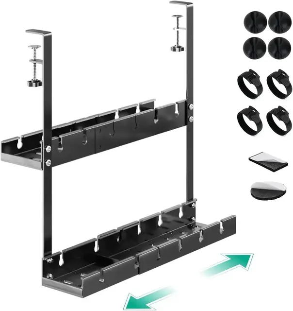 Double Layer Under Desk Cable Management, No Drilling Cable Management Tray, Retractable Cord Holder for Wire Management