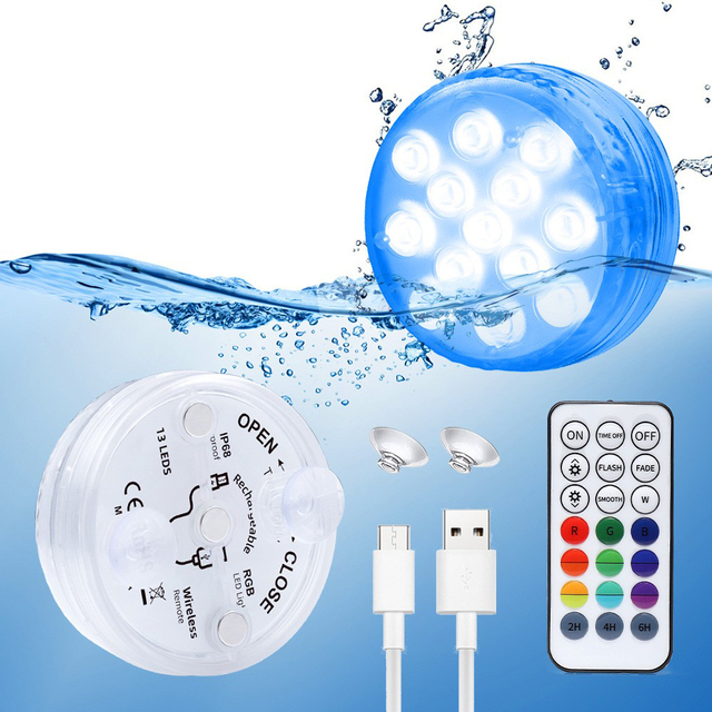 RF Remote Control Eco-Friendly Battery Operated USB Rechargeable Water Submersible Swimming Pool RGB LED Color Changing 4