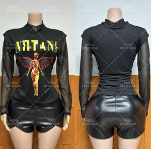 Женский комплект из 3 предметов: майка с графическим принтом, длинный рукав, кружевная прозрачная футболка и шорты из искусственной кожи. Новинка осеннего сезона, повседневный стиль. - Product Image 5