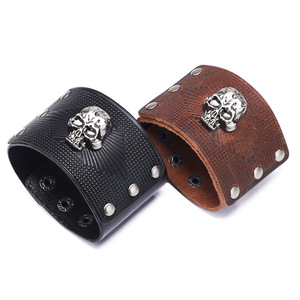 Cowhide <b>Leather</b> <b>Bracelet</b> For Men Wide Skull Pattern Brown Tibetan Silver Jewelry European American Style - Product Image 2