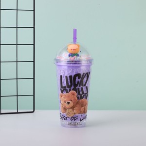 450ml No Risk No Reward Slogan Bear Printed <b>Plastic</b> Tumbler Double Wall Design with <b>Straw</b> Pom Pom Filled Dome Lid - Product Image 1