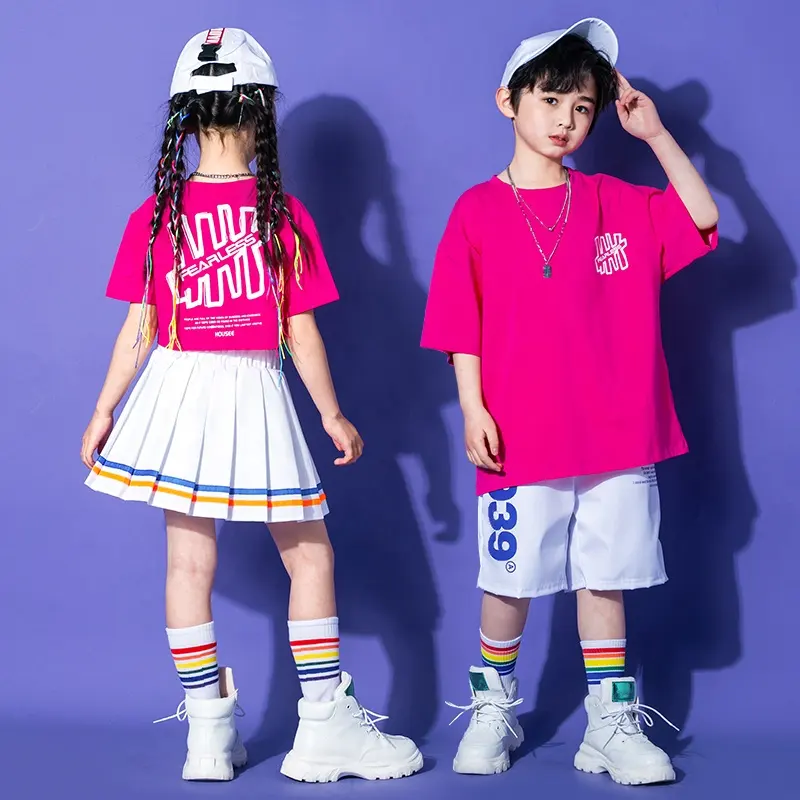 キッズヒップホップダンス服ホットピンクTシャツストリートウェアホワイトスカートガールズボーイズジャズダンスコスチュームティーンエイジャーステージ服