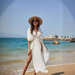 PASUXI Vestido playero midi sin espalda con cuello en V, cárdigan transpirable de rayón para vacaciones de verano, sexy vestido de playa con lazo frontal - Product Image 2