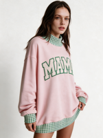 Sweat-shirt à col montant brodé patchwork pour femme, en molleton de coton, manches longues avec détail manches bouffantes, pull d'automne, vente en gros