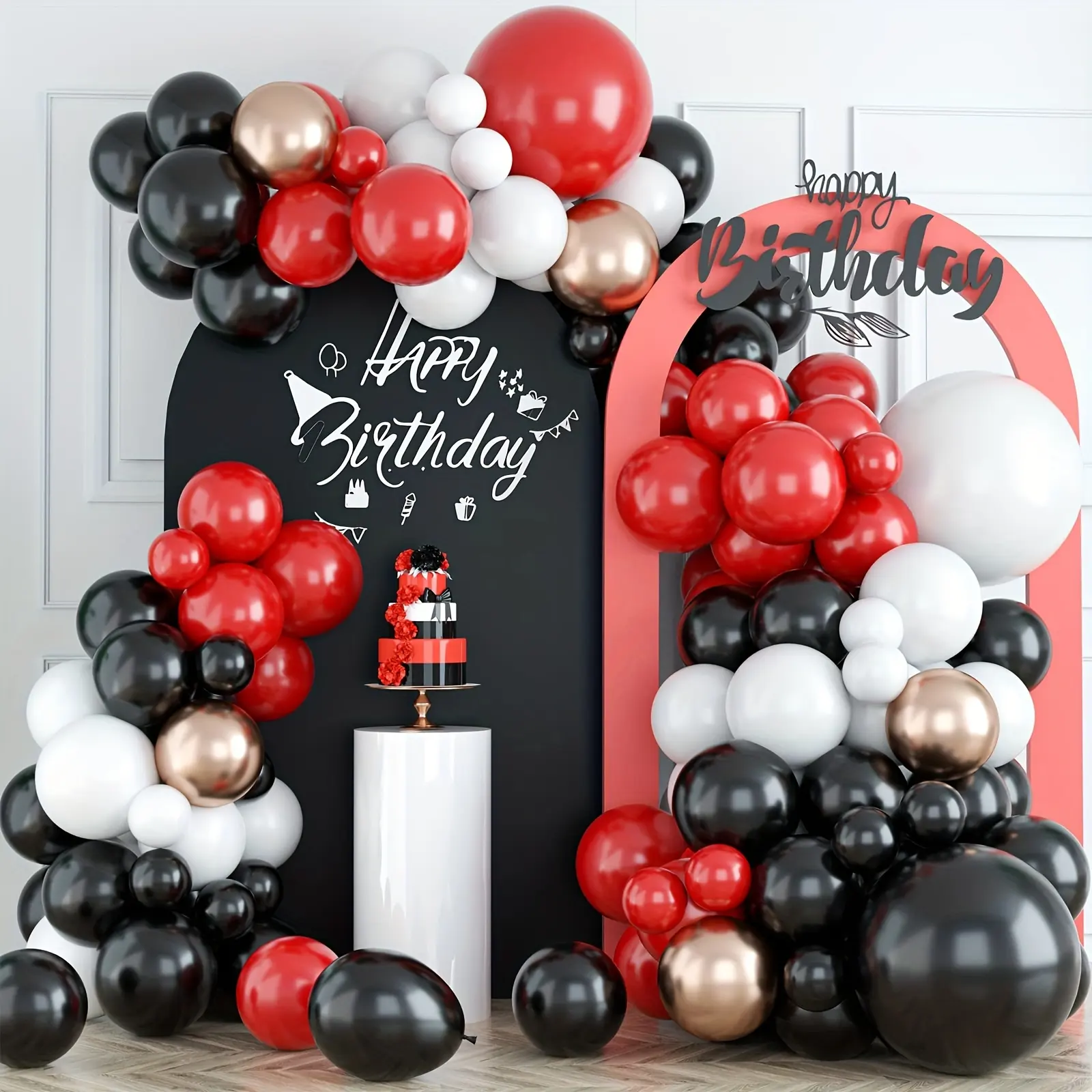 Venda quente 105 pçs kit de arco de balão vermelho preto branco para decoração de festa de aniversário de casamento e formatura balões
