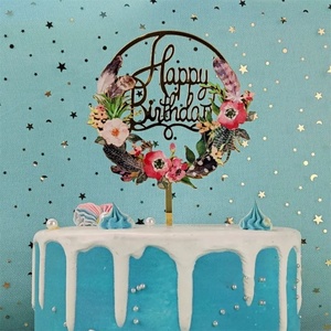 ชุดตกแต่งเค้กอะคริลิคสีทองลายดอกไม้สำหรับวันเกิด ขายส่ง - Product Image 2