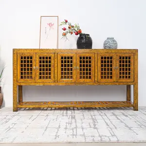 Chinese storage glossy distress painted furniture antique solid wood carved shabby chic cabinet