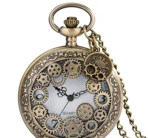 Necklace Chain Pendant Vintage Clock Antique Steampunk Bronze Hollow Gear Quartz Pocket Watches