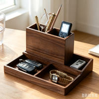 Boîte de rangement de bureau en bois avec 3 compartiments de rangement, plateau porte-stylos