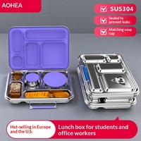 Nouvelle boîte à lunch carrée en acier inoxydable 304, conteneur alimentaire portable, compartiments à cinq grilles, boîte bento minimaliste de grande capacité