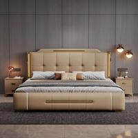 Lit de Luxe Moderne en Cuir Véritable avec Rangement, Tête de Lit LED, Tiroirs Rembourrés à Vérin à Gaz, Confortable, Taille King Size pour Chambre à Coucher