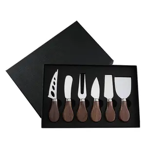 Walnut Handle Stainless Steel 6 Cheese Knives Set-Mini Knife Butter Knife & Fork Set for Pizza Butter