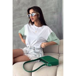 T-shirt ajusté Topshow en popeline rayée émeraude, manches respirantes en coton et élasthanne, taille unique 2XL, style mignon, longueur courte, vente en gros - Product Image 5