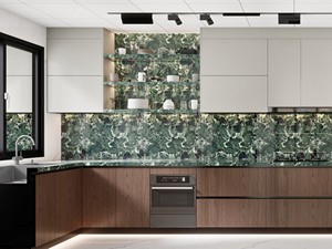 Gabinetes <span class=keywords><strong>de</strong></span> <span class=keywords><strong>Cocina</strong></span> Modernos en Forma <span class=keywords><strong>de</strong></span> L Personalizados con Revestimiento <span class=keywords><strong>de</strong></span> Piedra Sinterizada Verde, con Refrigerador <span class=keywords><strong>y</strong></span> <span class=keywords><strong>Horno</strong></span> Integrados <span class=keywords><strong>para</strong></span> Vliia - Product Image 1