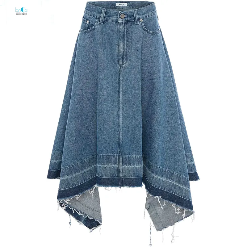 Fashion Pabrik 2021 Maxi Kustom Ritsleting Asimetris Wanita Rok Jeans Panjang Grosir untuk Wanita