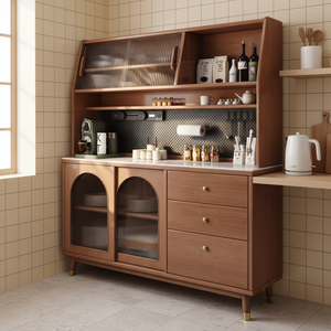 Massivholz-Sideboard mit Gerillten Glastüren und Schubladen Buffetschrank Walnuss Marmorplatte Große Kapazität Esszimmer-<span class=keywords><strong>Anrichte</strong></span> - Product Image 2