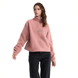 Sudadera de lana para mujer con cuello alto y cremallera, bordado frontal, informal, de otoño, color liso, manga larga, corte regular - Product Image 1