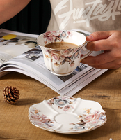 Service à thé en porcelaine fine plaqué or style élégance européenne, motif rose bleue vintage - Tasses et soucoupes sans BPA, compatibles lave-vaisselle