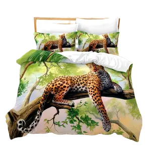 Leopard Duvet Cover Set King Size 3D Animal Set Wildlife Polyester Comforter Cover Set Red Rose for Kids Boys Girl Print Bedding