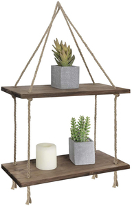Dropshiping 2 Tier Rope Farmhouse <b>Wall</b> Hanging Floating Shelves Rustic Shelf Swing Wood Decor for Home Garden - Product Image 2