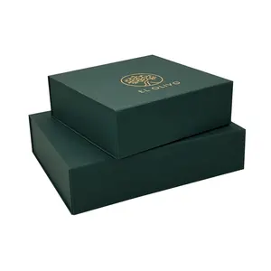 Imballaggio del coperchio con patta verde di lusso scatole pieghevoli personalizzate in cartone rigido confezione regalo con chiusura magnetica