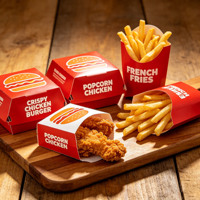 Ensemble d'emballages personnalisables en carton ondulé pour restauration rapide : Boîte à burger, Boîte à poulet frit, Sac à frites, avec revêtement UV et gaufrage