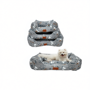 Set di Tre Pezzi per Cuccia per Cani in Lino Stampato con Fondo Grigio, Eleganti Letti per Animali Domestici - Product Image 2