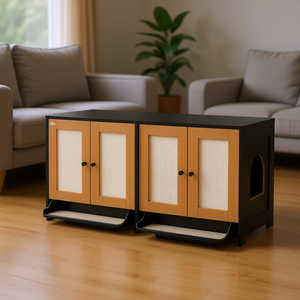 Enclos pour litière de chat avec 2 armoires, meubles pour animaux de compagnie en bois moderne pour 2 chats ou chatons, rectangle noir pour intérieur - Product Image 2