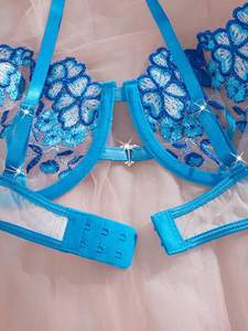 Set Lingerie Donna in Pizzo Trasparente Blu con Ricamo Floreale, Reggiseno Push-up e <span class=keywords><strong>Perizoma</strong></span>, 2 Pezzi, Intimo Disponibile nel Magazzino USA - Product Image 3