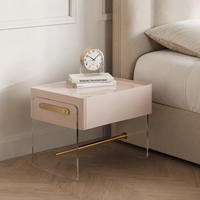 Table de chevet moderne en acrylique avec cadre en acier inoxydable et détails en acrylique, finition ivoire blanc, avec rangement intégré