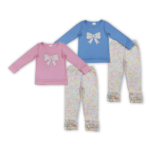 Conjunto de Ropa de Primavera para Niñas, Blusa Azul con Bordado de Lazo y Pantalones con Flores Coloridas - Product Image 1