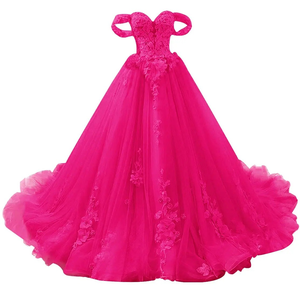 Robe de bal rouge en tulle, décolleté cœur, manches épaules dénudées, dentelle florale, longueur ras du sol avec traîne, robe de mariée, robe de bal - Product Image 5