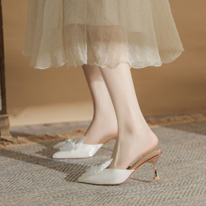Satin <b>Pointed</b> <b>Toe</b> <b>Mules</b> With Bow Decoration Korean Style High Heel Women's Shoes All Seasons Fashion Trend - Product Image 3