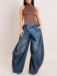 <span class=keywords><strong>Jeans</strong></span> Casual da <span class=keywords><strong>Donna</strong></span> Y2K Streetwear con Vita Media, Gamba Larga, Traspiranti, in Denim Lavato Vintage, con Design Asimmetrico e Dettaglio Avvolgente in Vita - Product Image 1