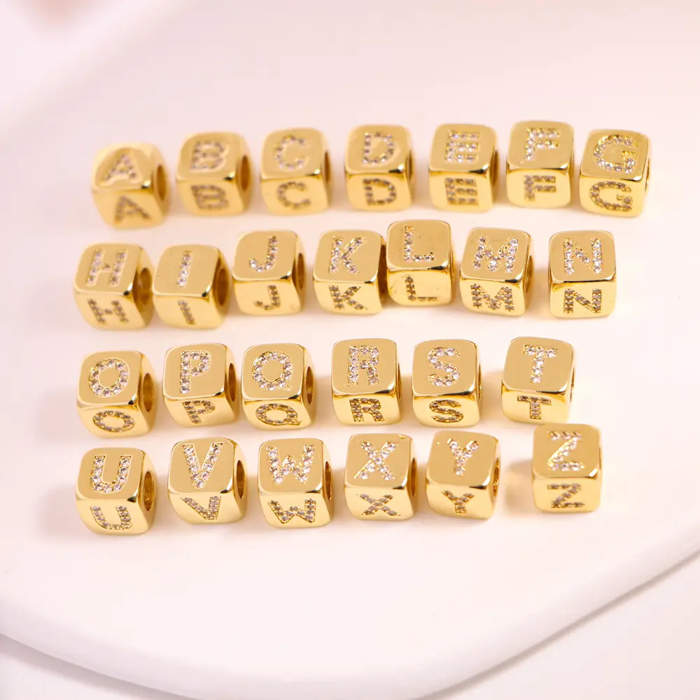 Cubo de letras de diamantes de imitación de 9mm/6mm, cuentas de latón, cuentas de dados del alfabeto ABC, abalorios DIY con agujero grande para la fabricación de joyas