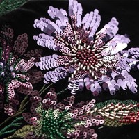 Tissu en velours violet brodé de perles et de sequins, style rétro, luxueux, à motifs floraux, pour robe de soirée